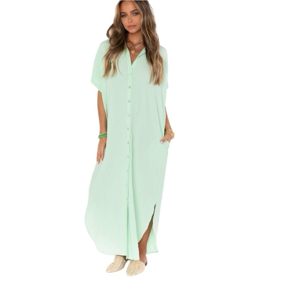 Show Me Your MuMu | Green Crinkle Buoy Button Down Maxi Dress Size Large NWT - Picture 1 of 9